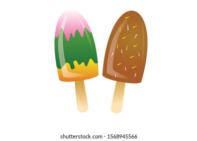 Ice cream collection of eskimo pie with fruits white dark and milk varieties of chocolate glaze in white background realistic vector illustration