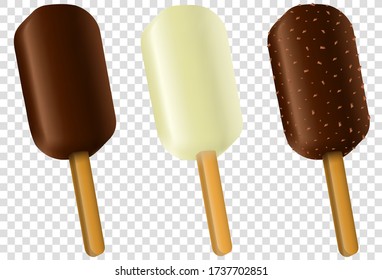 Ice cream collection of eskimo pie with dark and milc varieties of chocolate glaze at transparent background.Chocolate with nuts. Realistic vector illustration.