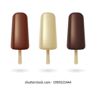 Ice cream collection of eskimo pie with white dark milk and white chocolate glaze at white background isolated. Refreshing summer dessert icons. Realistic 3d vector illustration