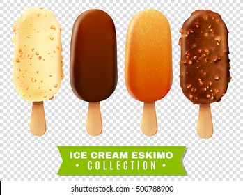 Ice cream collection of eskimo pie with white dark and milc varieties of chocolate glaze at transparent background realistic vector illustration