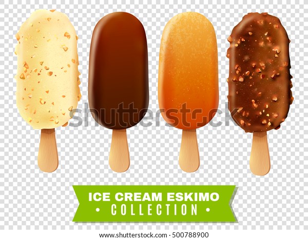 Ice cream collection of eskimo pie with\
white dark and milc varieties of chocolate glaze at transparent\
background realistic vector\
illustration