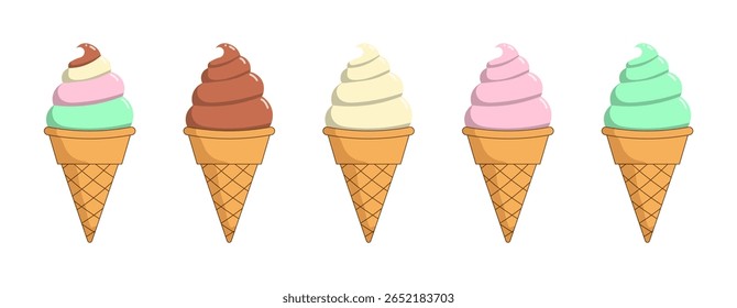 An ice cream collection features five colorful cones with pastel swirls in playful and cheerful arrangement, This vector drawing tools and software, not generated by AI
