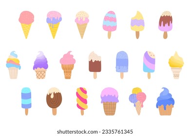 Ice cream collection flat element isolated on white. Set vector illustration for design.