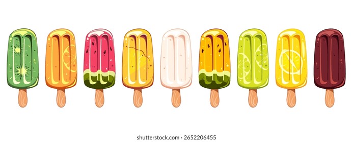 Ice cream collection, fruit popsicle on wooden stick with different fruits. Summer cold dessert, frozen juice, fruit ice. Vector illustration.