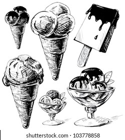 Ice cream collection. Hand drawing sketch vector illustration