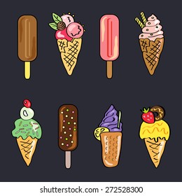 Ice cream collection. Hand drawn icons set. Summer food. 