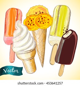Ice cream collection hand drawn vector illustration cartoon style