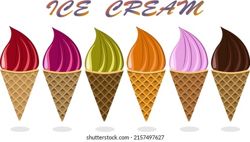 Ice cream collection in illustration.Wafer cones with colorful ice cream on transparent background in vector illustration.