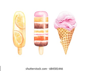 Colección de helados de olly con frutas, cono de chocolate y gofre, ilustración vectorial en color de agua vintage.