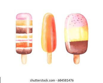 Ice cream collection of ice lolly, vector illustration in vintage watercolor style.