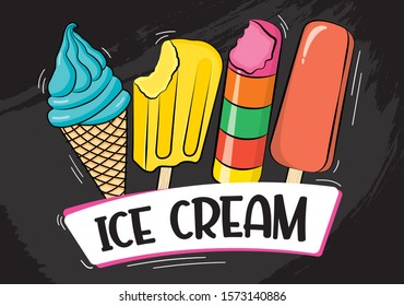 Ice cream collection on black background, vector illustration. - Vector