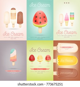 Ice Cream Collection on Posters Set. Vector Illustration.