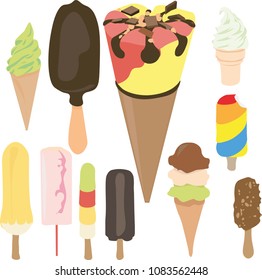 ice cream collection on a stick of horns on a white isolated background