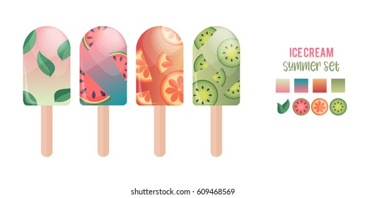 Ice cream collection. Orange, kiwi, watermelon, and mint. Isolated on white background, vector illustration.