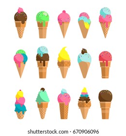 Ice cream collection. Set of colorful ice cream, vector illustration. Summer dessert, frozen food.