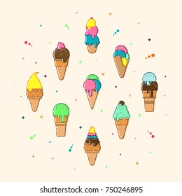 Ice cream collection. Set of colorful ice cream, vector illustration. Summer dessert, frozen food.