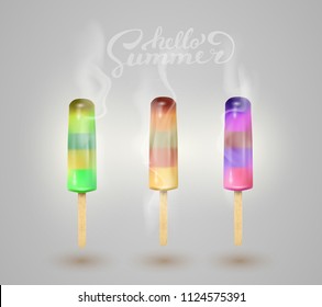 Ice cream collection with ice smoke. vector illustration.