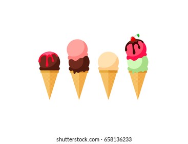 Ice cream. Collection of summer dessert vector illustrations. Set of ice cream wafer cones