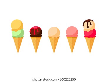 Ice cream. Collection of summer dessert vector illustrations. Set of ice cream wafer cones  