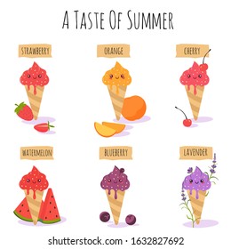 Ice cream collection, summer fruit flavor, isolated set, vector illustration. Assortment of cute ice cream, kawaii cartoon characters. Taste of strawberry, orange, cherry, watermelon and lavender