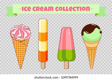 Ice cream collection at transparent background. Colorful bright ice cream, waffle cones and fruit ice. Cartoon illustration for web, advertising, banner, poster, flyer. Vector illustration.