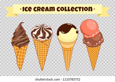 Ice cream collection at transparent background. Colorful bright ice cream, waffle cones and fruit ice. Cartoon illustration for web, advertising, banner, poster, flyer. Vector illustration.