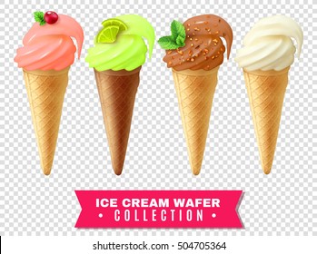 Ice cream collection of vanilla cherry pistachio chocolate ingredients in wafer cones at transparent background realistic vector illustration