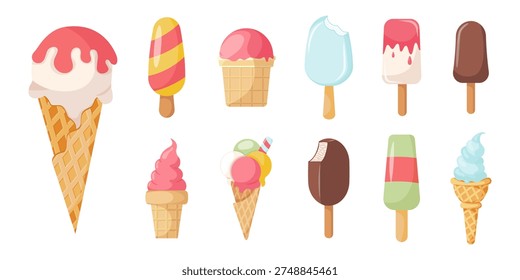 Ice cream collection of various shapes and flavors. Ice cream in pink glaze, vanilla fruit popsicle in chocolate, eskimo pie. Bitten ice cream, waffle cone. Vector illustration sweet summer dessert