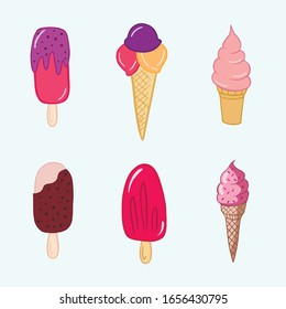 Ice cream collection. Vector color flat illustration drawing of ice cream in cartoon style. Color illustration