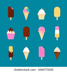 Ice cream collection. Vector illustration. Popsicle and cone. Flat icons. 