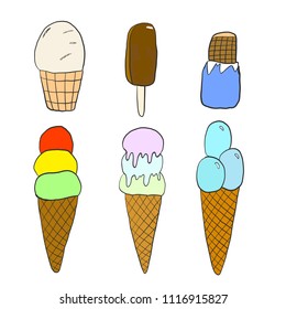 Ice cream collection, vector illustration. Collection of 6 vector ice cream illustrations isolated on white background.