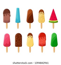 Ice cream collection, vector illustration. Different types of ice cream on a white background, chocolate, caramel, with a flaky crumb, blue, green, pink color.