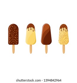 Ice cream collection, vector illustration. eskimo pie with white dark and milc varieties of chocolate glaze at transparent background realistic vector illustration. 