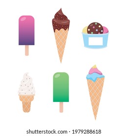 Colección de crema de hielo Ice Ilustración vectorial en diseño plano Popsicles y conos de gofre con diferente gusto y hielo aislados en fondo blanco