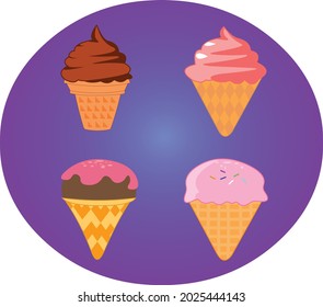 Ice cream collection, vector illustration. Ice cream Pack with cold summer dessert. Vanilla, chocolate and strawberry ice cream cone, ice cream scoop, Yummy cone set.