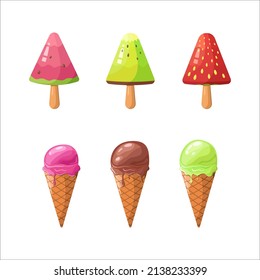 Ice cream collection, vector illustration. Watermelon and kiwi and strawberry