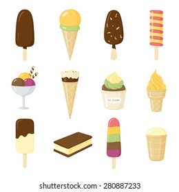 Ice cream collection. Vector illustration.  Ice cream cones and popsicles.