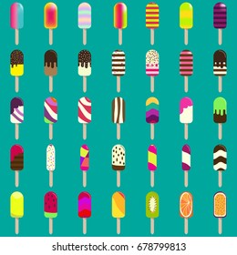 Ice cream collection for your design. Big set of ice lollies with different toppings. Vector  design for wallpaper, wrapping, fabric, background, apparel, prints, banners 