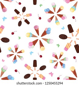 Ice cream color bursts vector seamless pattern. Great for yummy summer dessert wallpaper, backgrounds, packaging, fabric, scrapbooking, and giftwrap projects. Surface pattern design.