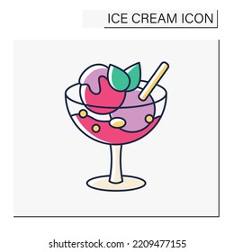 Ice cream color icon. Delicious dessert. Tasty frozen double ice balls with mint decoration. Glass bowl. Summer sweets. Isolated vector illustration