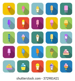 Ice cream color icons with long shadow on white background