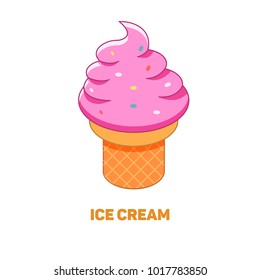Ice cream color isometric style icon with outline, fastfood concept illustration, vector eps10