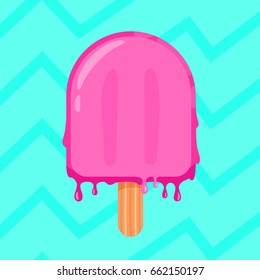 Ice cream color vector flat illustration, best summer season sign, pink popsicle melts from the heat on blue background