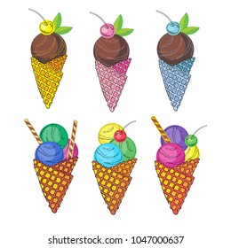 Ice cream colored. Set for composition. Isolated elements. Cookies, waffle cone, mint, cocktail cherry. Set 2
