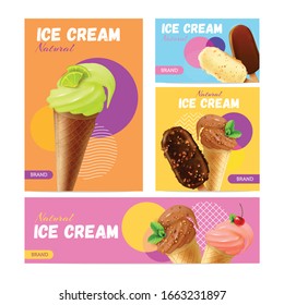 Ice cream colorful banners set with eskimo pies and waffle cones filled fresh dairy product of different flavors vector illustration  