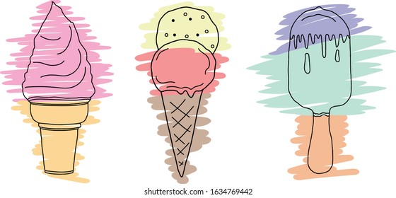 Ice cream colorful cartoon style, isolated on a white background. Set with different yummy desserts. Simple flat style vector illustration.