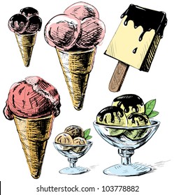 Ice cream colorful collection. Hand drawing sketch vector illustration