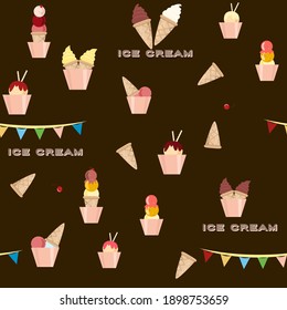 Ice cream, colorful, different desserts, varieties. Flat design. Vector seamless pattern illustration