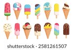 Ice cream colorful drawing clipart set. Popsicle icon and ice cream symbol clip art in cartoon summer graphic elements collection vector illustration. 