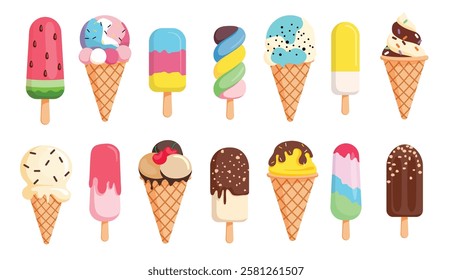 Ice cream colorful drawing clipart set. Popsicle icon and ice cream symbol clip art in cartoon summer graphic elements collection vector illustration. 